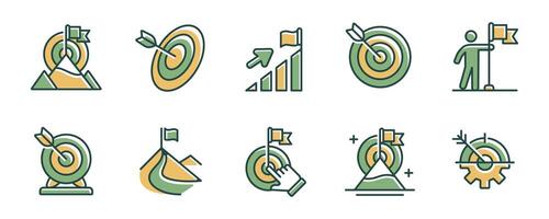 business objective challenge success achievement target mission icon set strategy marketing goal performance illustration with mountain peak and arrow symbol design vector
