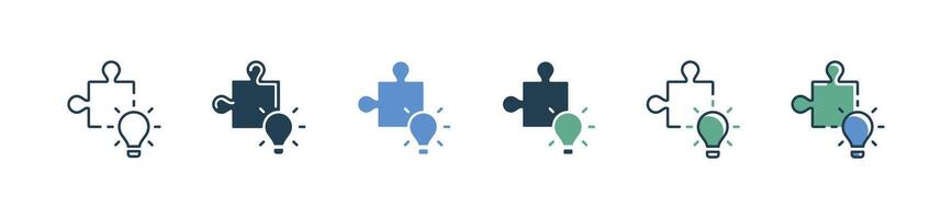 simple business creative solution with puzzle piece icon problem solving jigsaw part and lightbulb symbol outline illustration for web and app vector