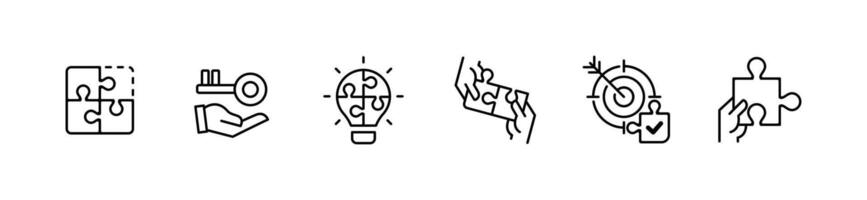 business challenge problem solving teamwork creative idea match puzzle jigsaw piece fit answer icon set target marketing strategy solution management symbol illustration vector