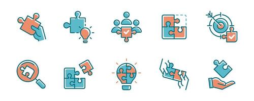 business teamwork solution puzzle challenge icon set problem solving with jigsaw piece creative idea symbol illustration vector