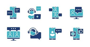 seminar conference business online meeting icon set teamwork discussion remote call illustration. online course, workshop, interview, presentation, group communication design vector