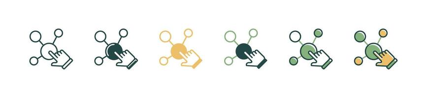 network business connection online community circle icon with hand pointer clicking center group link . Communication hub global social distribution symbol illustration vector