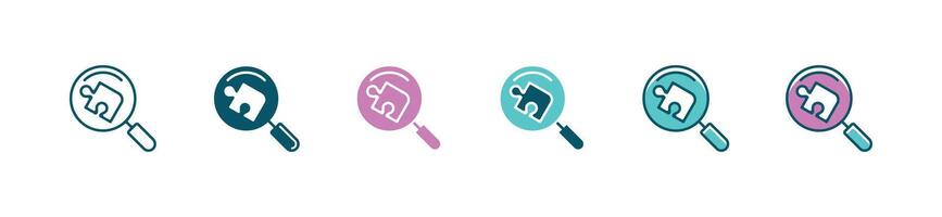 Magnifier search for a jigsaw puzzle piece to successfully connect match icon business strategy problem solving symbol illustration for web and app vector