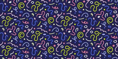 Hand drawn colorful marker scribbles seamless pattern. Doodle bold curved lines ornament. Abstract background with black squiggles brush strokes. Fun seamless texture vector