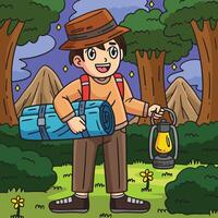 Camping Camper with a Sleeping Bag Colored Cartoon vector