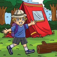 Camping Camper In Front of Tent Colored Cartoon vector