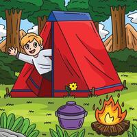 Camping Camper Waving Inside Tent Colored Cartoon vector