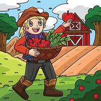 Cowgirl with Basket of Apples and Wheat Colored vector