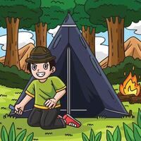 Camping Camper Setting Up a Tent Colored Cartoon vector