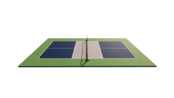 Side view of empty pickleball tennis court with blue, gray and green color with net isolated in transparent background png