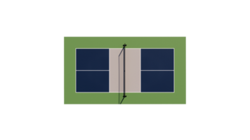 top view of empty pickleball tennis court with blue, gray and green color with net isolated in transparent background png
