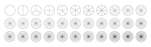 Pie, pizza chart template. Segmented charts from 1 to 33 segments. Many number of sectors divide the circle on equal parts. Outline black graphics. Segments round infographic. Diagram wheel parts. vector