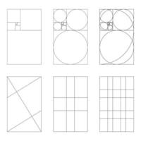 Golden ratio template set. Fibonacci array, numbers. Method golden section. Harmony proportions icons. Outline graphic illustration isolated on a white background. Golden proportion pattern. vector