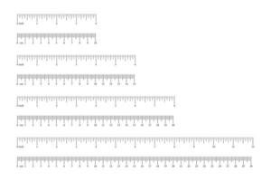 Set of scale, ruler with 10, 15, 20, 30 centimeter, 4, 6, 8, 12 inches with markup and numbers. Measuring charts of metric, imperial units. Distance, height, length measurement, sewing tool template. vector