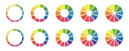 Donut color charts, pies segmented on 10, 11 equal parts. Diagrams infographic multicolored set. Wheels divided in ten, eleven sections. Circle section graph. Pie, pizza chart round icon. Loading bar. vector