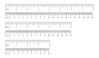 Scale with 10, 15, 20 centimeter 4, 6, 8 inches with markup and numbers. Measuring charts of metric, imperial units. Set of distance, height, length measurement tool templates. Sewing tools. vector