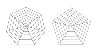 Pentagon, heptagon radar, spider diagram templates. Spider mesh icon. Polygon graph symbol. Diagram for statistic, analytic. Blank radar charts. Coaching tool. Grid with segments. Graphic illustration vector
