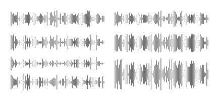Waveform patterns. Audio chat speech. Equalizer interface signs. Voice message templates. Music sound wave symbol. Element for mobile messenger, podcast online radio interface, music player, app. vector