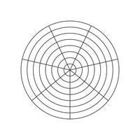 Coaching tool. Polar black grid of 7 segments and 7 concentric circles. Circle diagram of lifestyle balance. Wheel of life template isolated on a white background. Graphic blank polar graph paper. vector