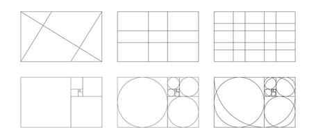 Golden ratio graphic template. Method golden section. Fibonacci array, numbers. Harmony proportions icons. Outline illustration isolated on a white background. vector
