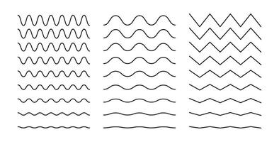 Wavy, curvy, zigzag lines. Simple undulate borders, transverse horizontal lines. Sine, fluid, air, wind sign set. Water, river, lake, sea, ocean symbol. Outline graphic isolated on a white background. vector