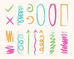 Set of colorful freehand crayon doodles and drawings, scribbles and graphic design decorations in colorful charcoal style. illustration. vector