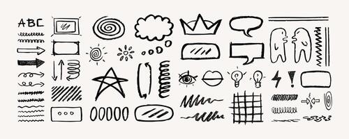 Set of freehand charcoal doodles, arrows, different signs and symbols, graphic design decorations. illustration. vector