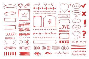 Red charcoal doodles and drawings, abstract signs and symbols, frames, curls and zigzags. Graphic design decorations. illustration. vector