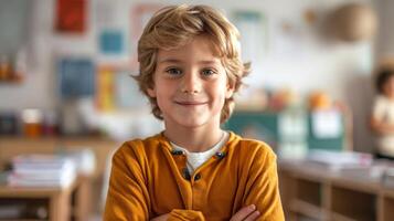 Portrait of cute boy smiling at camera in classroom at elementary school photo