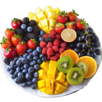a plate of fruit on a table with a variety of different fruits png