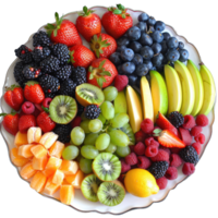 a plate of fruit on a table with a variety of different fruits png
