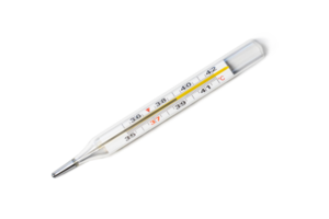 Mercury-in-glass thermometer with temperature mark 39 C isolated on transparent png