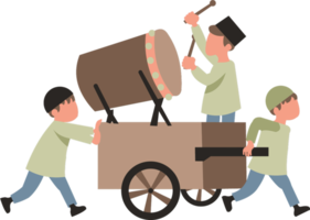 Three men are pulling a cart with a drum on it png