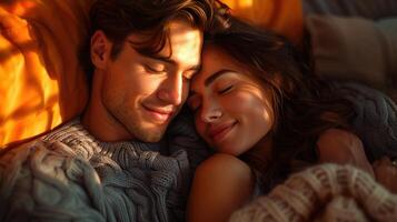 A warm, cozy setting featuring a happy couple enjoying a series of cuddle positions, surrounded by soft pillows and blankets, creating an inviting and comfortable atmosphere photo