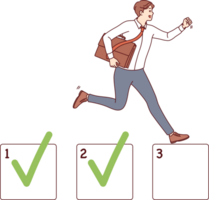 Business man is engaged in task management and marking already completed projects, running through checkboxes with ticks. Manager prioritizes jobs using task management and planning png