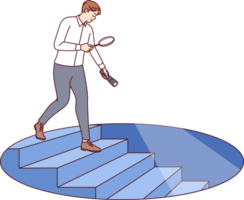 Man manager conducts in-depth analysis of business to find strategic advantages, going down stairs. Strategic analysis of risks and opportunities from analyst using flashlight and magnifying glass png