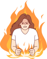 Nervous woman experiencing aggression due to psychological problems, standing in middle of burning flame. Girl aggression and disappointment are caused by bad character and defensiveness. png