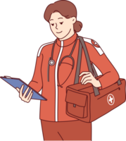 Woman doctor working in ambulance and 911 service is wearing red uniform and holding clipboard. Ambulance girl arrived at scene of incident to save life of patient who was in trouble or had fracture. png