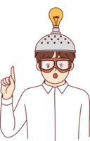 Inspired boy invented new idea and shows finger up standing with funny helmet with light bulb. Child inhabitant invented device to improve brain function and intellectual capabilities png