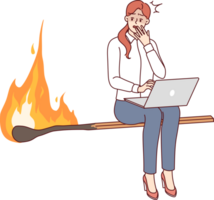 Woman freelancer is afraid of danger of violating business deadlines, sitting on burning match with laptop on lap. Girl with computer fearful of becoming victim of burnout due to strict deadlines png