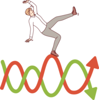 Man investor falls from unstable chart symbolizing fluctuations in financial market and stock exchange. Businessman takes risks due to unpredictability of business indicators and changes in industry png