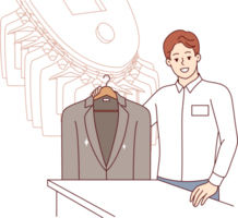 Man working in dry cleaner shows business jacket, cleaned of stains from food or sauce. Dry cleaner manager smiles, inviting to become client and take advantage of services for caring for clothes png