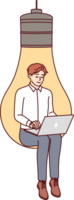 Man inventor with laptop sits in large light bulb, symbolizing inspiration for coming up with business ideas. Smart guy inventor develops web service or software for internet users png
