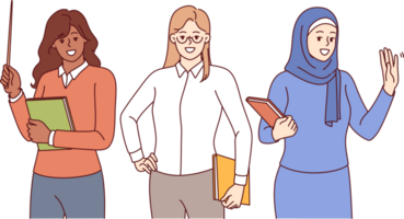 Woman teachers from different cultures smile calling to become student at international university or college. Multiracial teachers with classroom magazines or pointer in hands looking at screen png