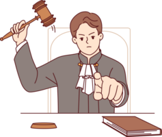 Stern judge pronounces verdict and points finger at screen after hitting gavel and announcing prison term. Angry judge sits at table demonstrating inflexibility and desire to punish criminal png