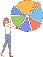 Woman is engaged in business analytics and demonstrates statistical chart, visualizing data. Girl with statistical drawing makes product presentation and shows reports from previous projects. png