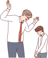 Angry boss yells at little subordinate, reprimanding him for making mistake or violating plan. Drool flying from mouth of angry boss scolding employee and showing hatred and lack of professionalism png