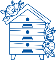 Bee hive in form of wooden house is built on apiary or farm and decorated with flowers png