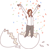 Business woman hatched from egg raises hands up, for concept of birth of new professional. Business triumph of successful businesswoman standing among confetti and rejoicing at revival png