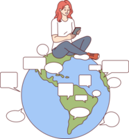 Woman uses online translator in mobile phone to communicate in different languages, sitting on globe. Translator function built into smartphone allows you to chat with people from all over planet png
